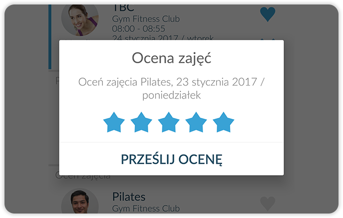 Fitness class evaluation in the mobile app